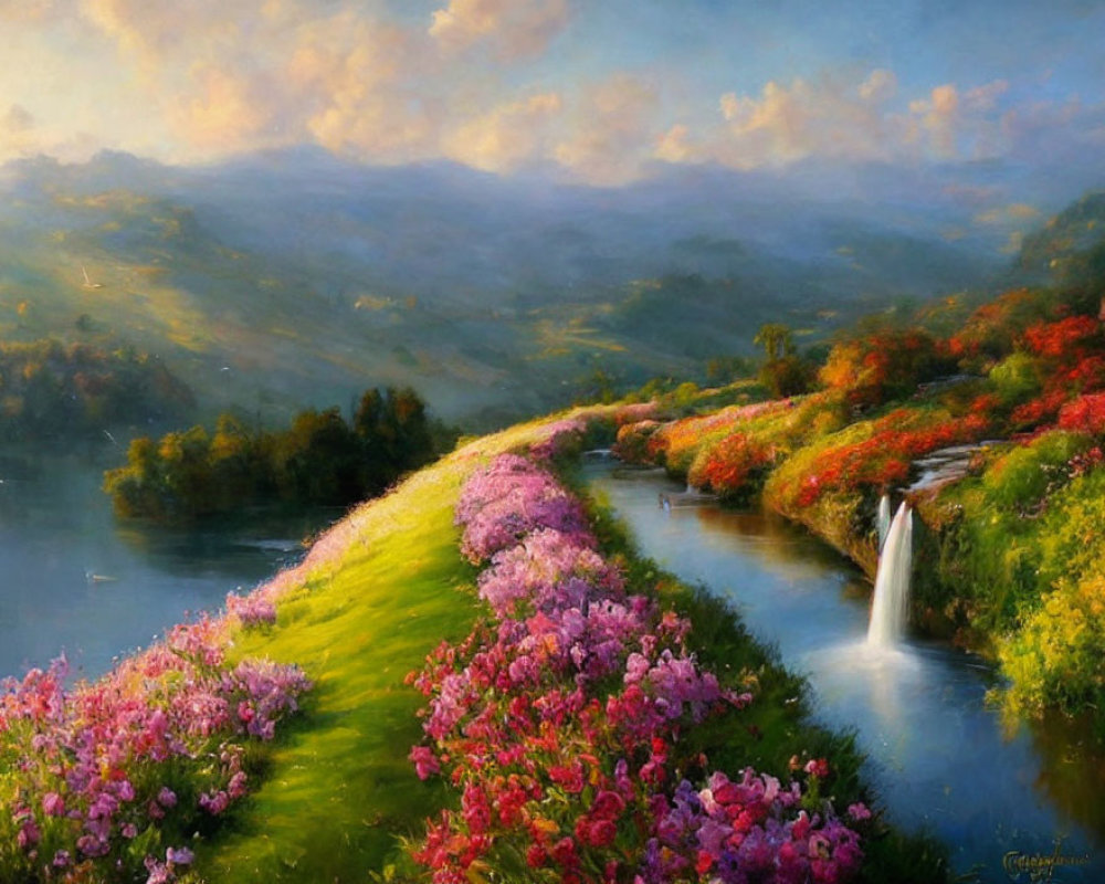 Colorful Flower Pathway Leading to Waterfall and River