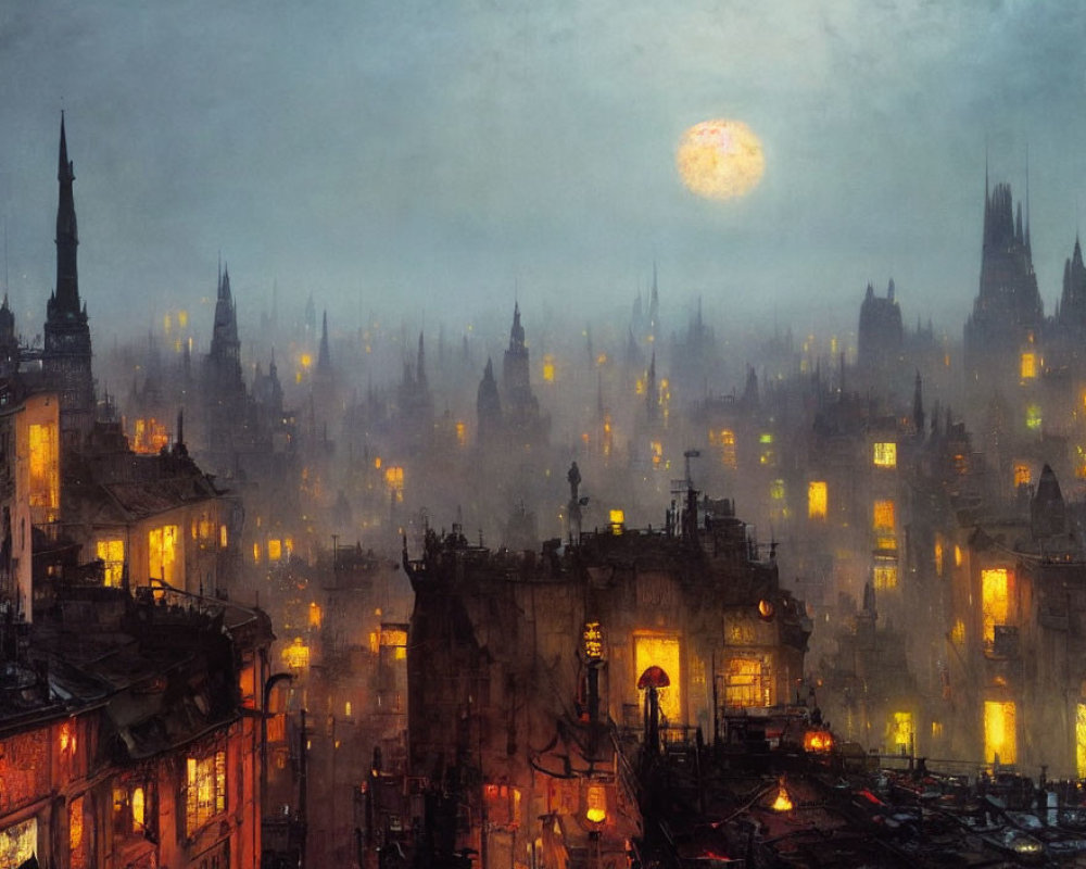 Night cityscape with fog, illuminated windows, spires, and large moon