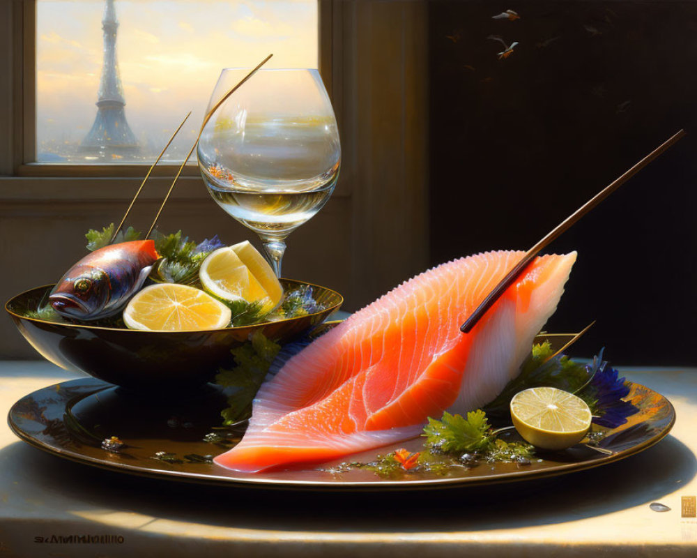Still life painting: salmon slice, lemons, herbs, wine glass, fish head, Eiff