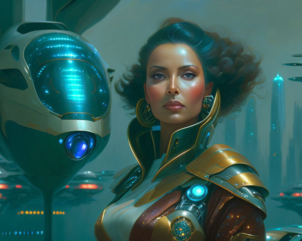 Futuristic portrait of woman in golden armor with robots and cityscapes