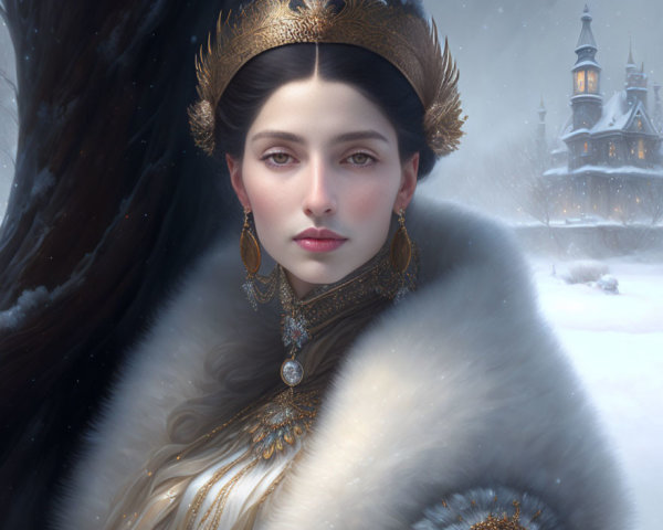 Regal woman with golden crown and fur-trimmed cloak in snowy landscape
