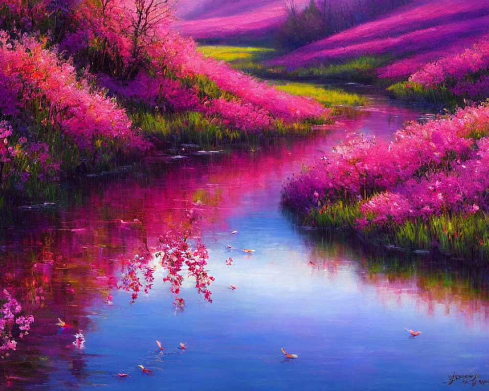 Serene river with pink flowers and butterflies under a purple sky