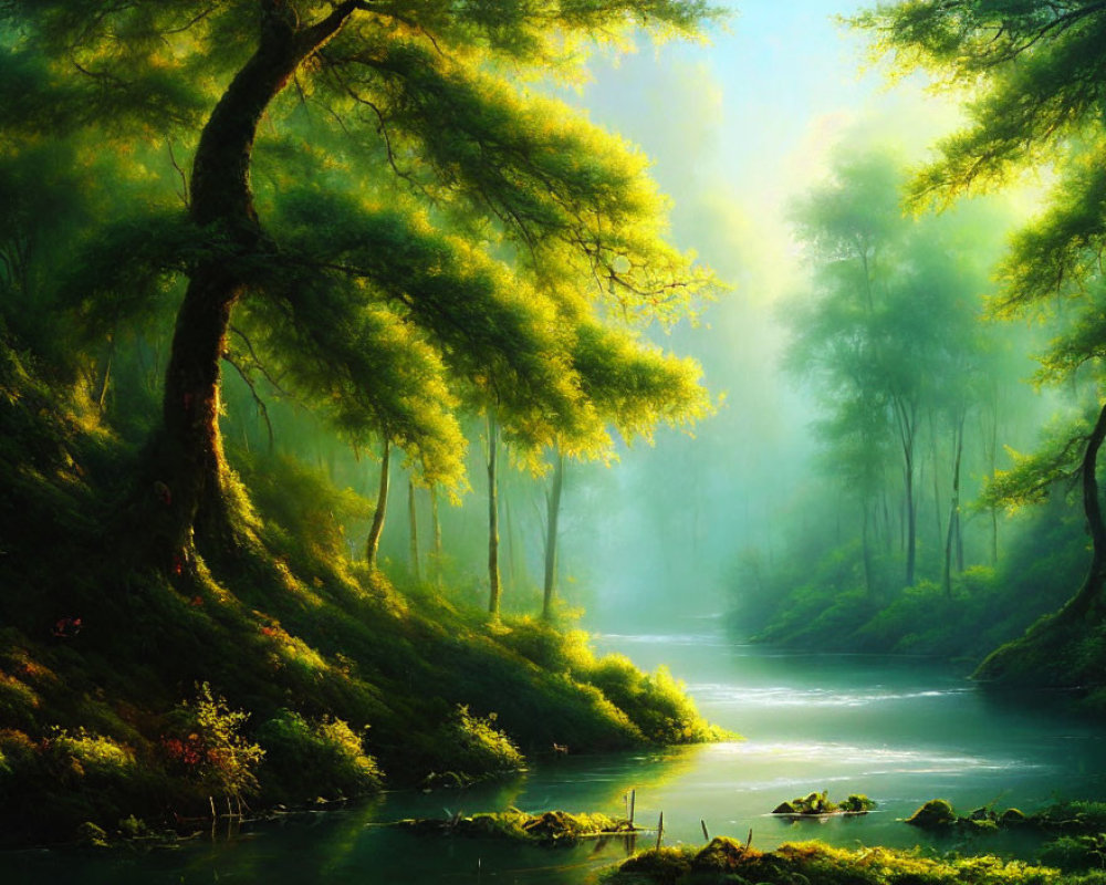 Tranquil forest scene with green trees and gentle river under soft sunlight