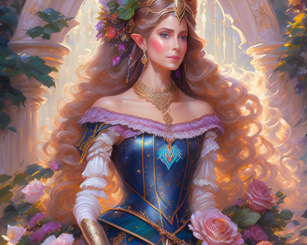 Medieval-themed portrait of a woman in regal attire with roses under soft light