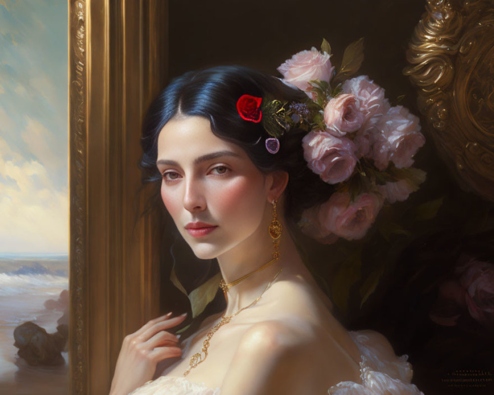 Dark-haired woman in white dress with flowers and seascape in classic painting style