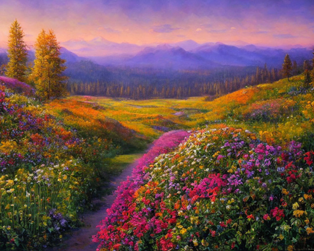 Colorful landscape painting: winding path, meadow flowers, sunset mountain view
