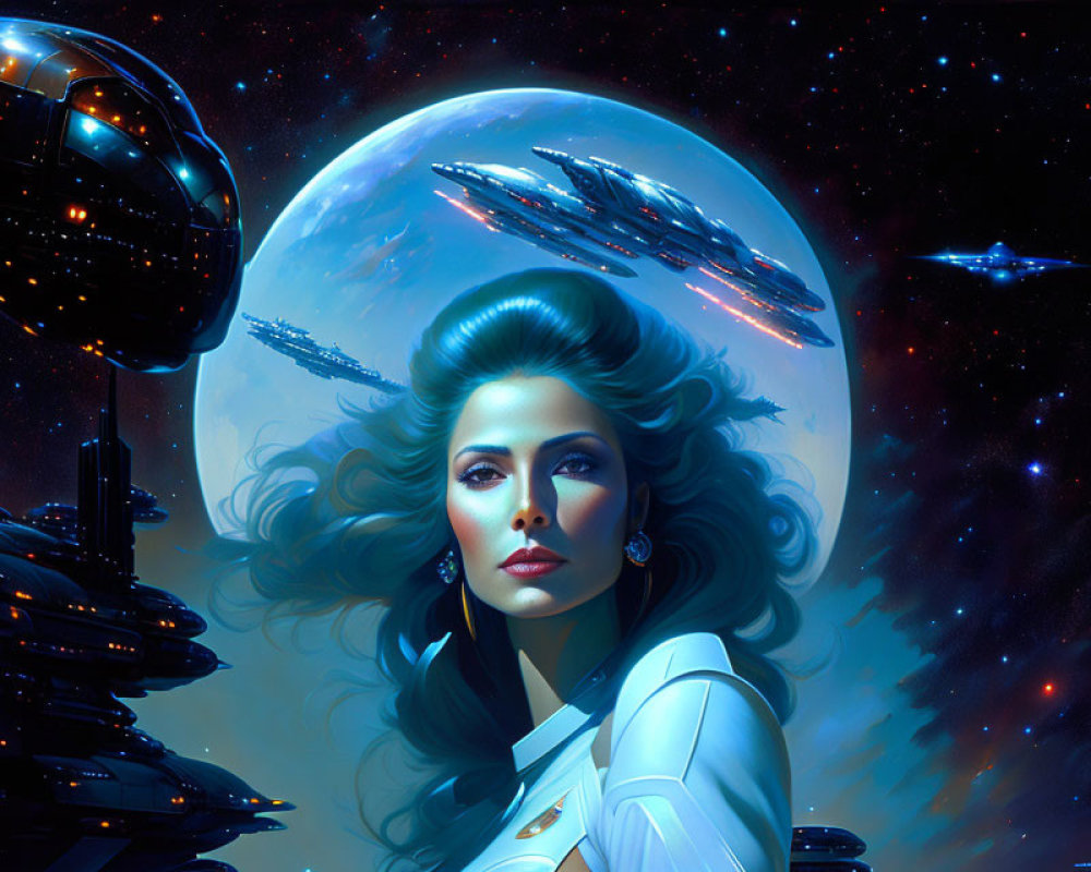 Futuristic portrait of a woman with spaceships and planet in background