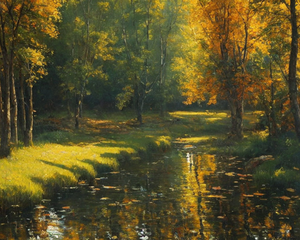 Autumn forest landscape with sunlight, stream, and lush foliage