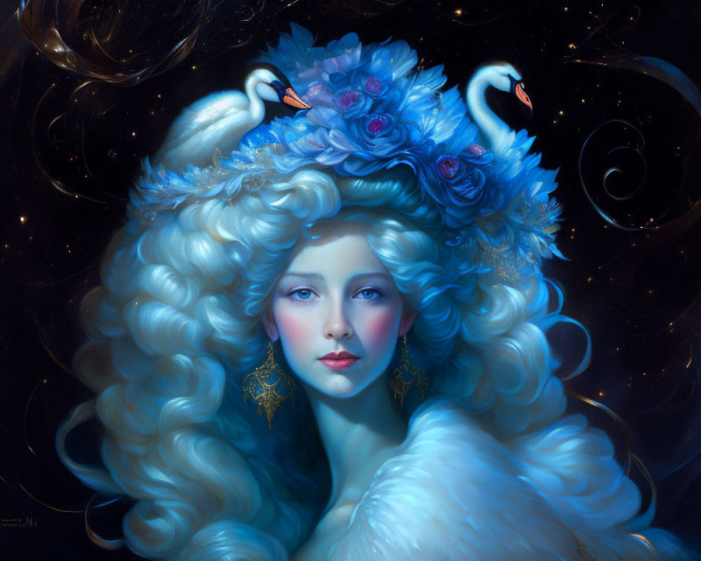 Fantasy portrait featuring woman with curly hair, swans, blue roses, and starry night backdrop
