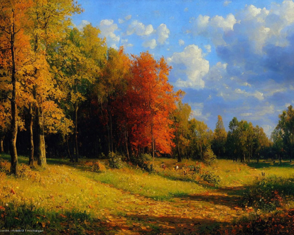 Colorful autumn landscape painting with green, yellow, and orange trees under blue sky