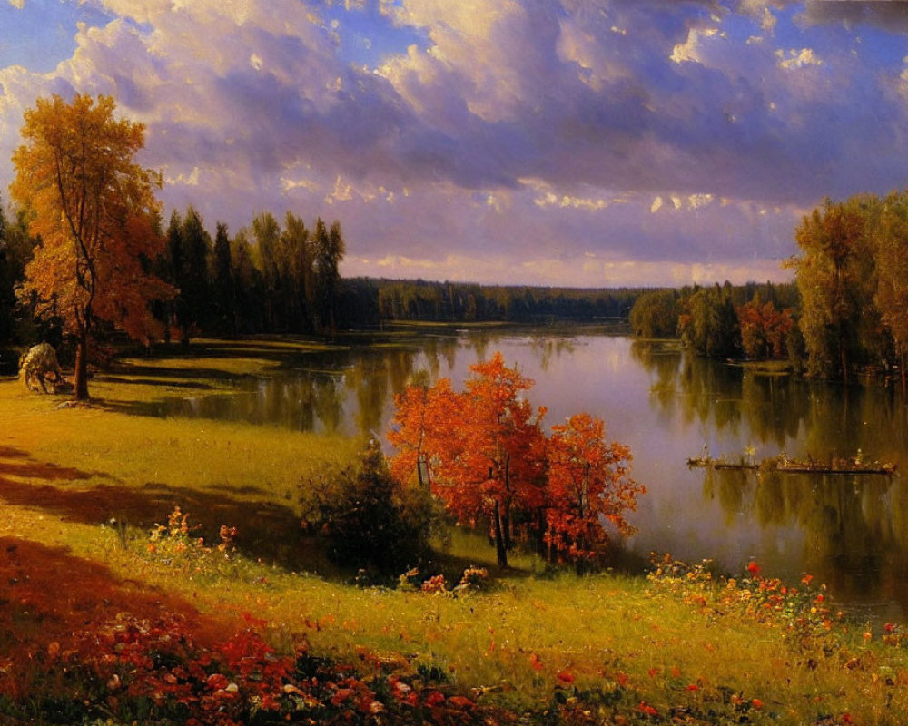 Tranquil autumn river with colorful trees and rowboat