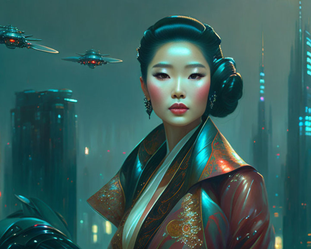 Traditional Asian Attire Woman in Futuristic Cityscape