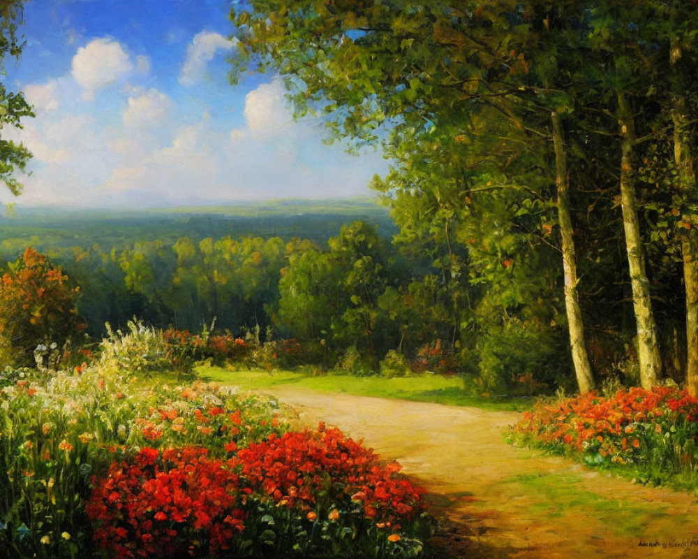 Tranquil landscape with dirt path, lush trees, and vibrant flowers