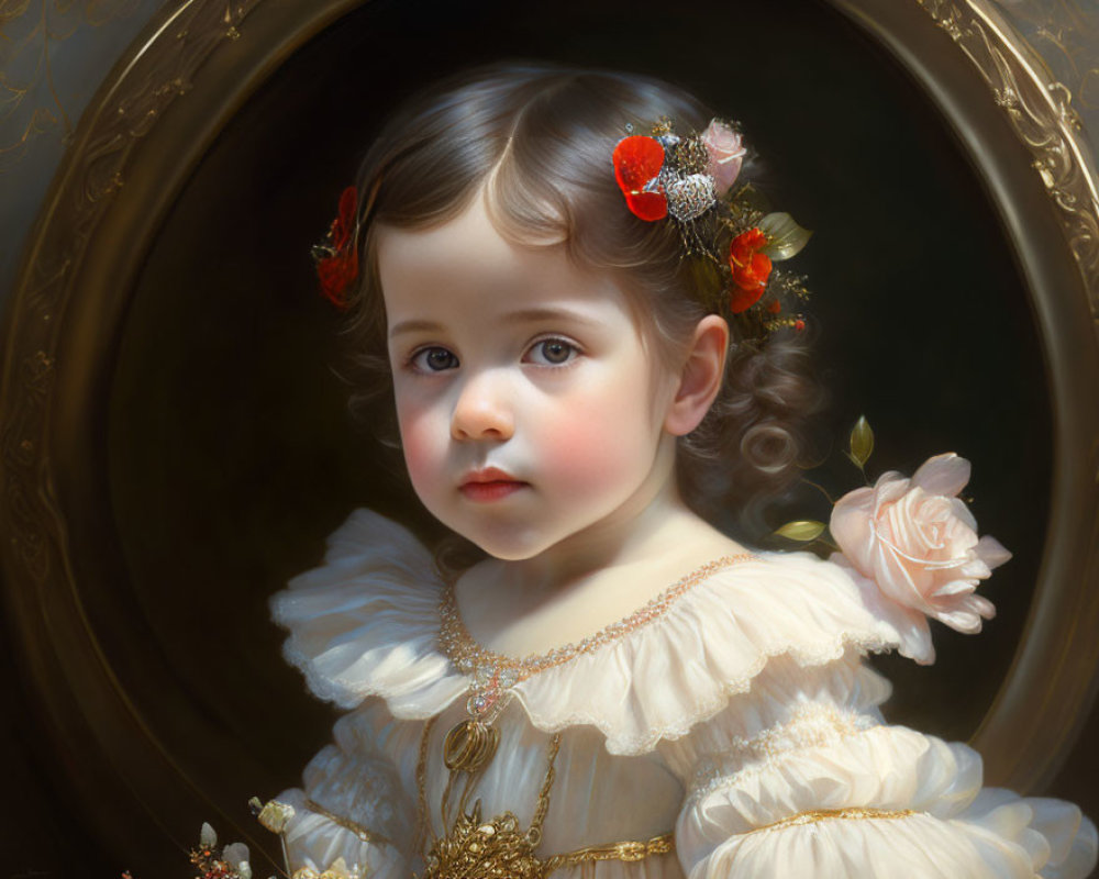 Young child portrait with curly hair, adorned with butterflies and flowers in white dress.