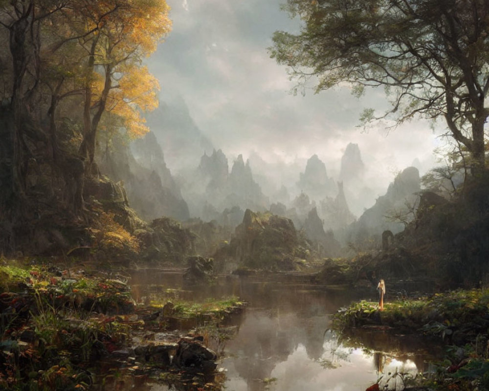 Tranquil landscape with person by river, autumn foliage, misty mountains