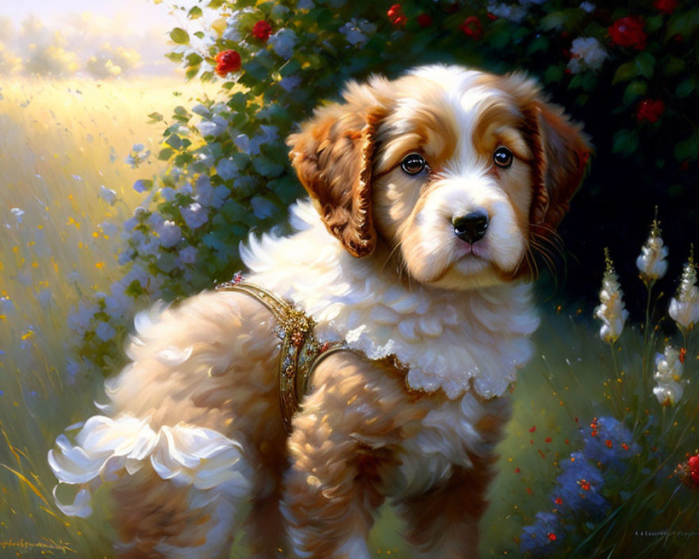 Fluffy Brown and White Puppy in Sunlit Meadow with Flowers