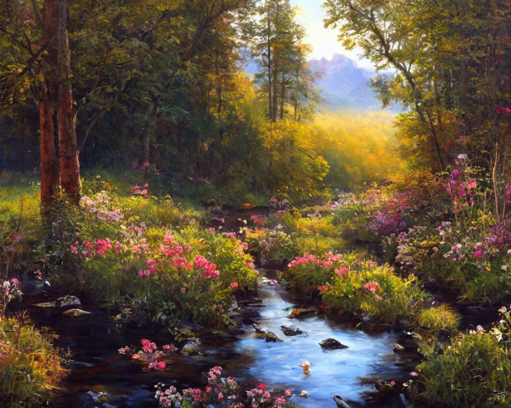 Tranquil forest stream with vibrant wildflowers