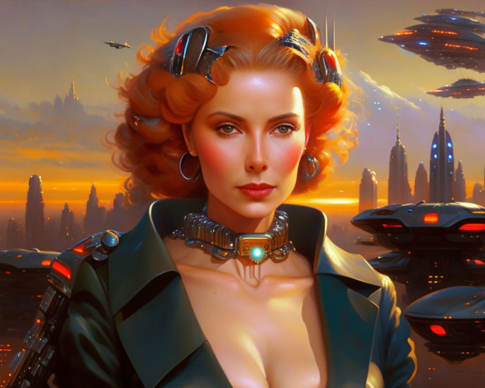 Red-haired woman in sci-fi attire with headphones, futuristic cityscape backdrop