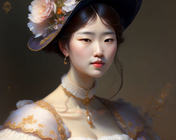 Woman in elegant hat with floral adornments, cream gown, gold accents, and pearl jewelry