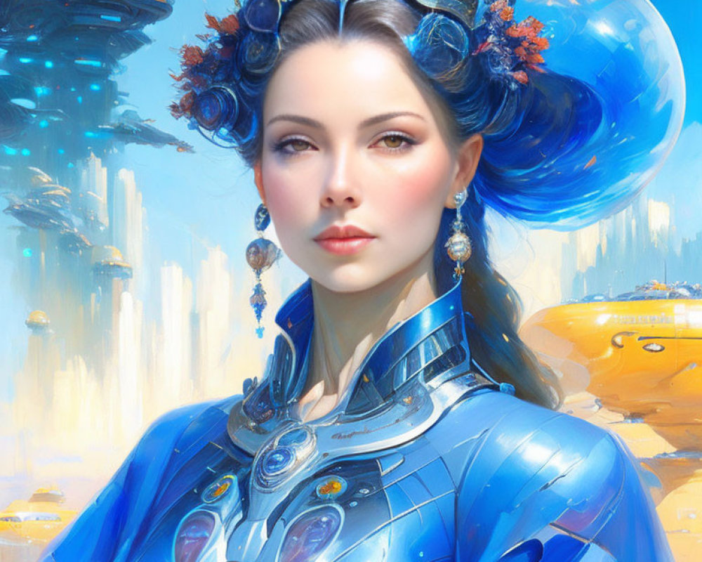 Futuristic woman portrait in blue armor and headdress against cityscape