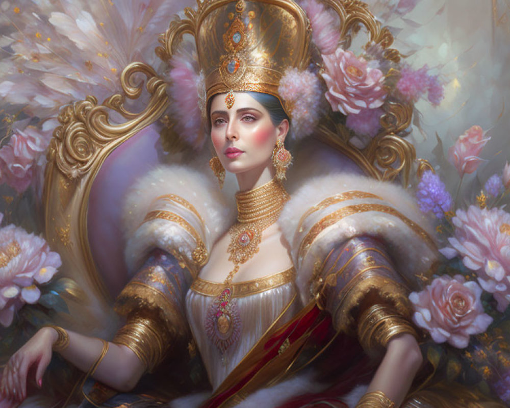 Regal woman in golden attire on luxurious chair with pink flowers