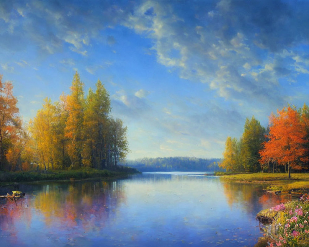 Tranquil lake scene with autumn trees and blue skies