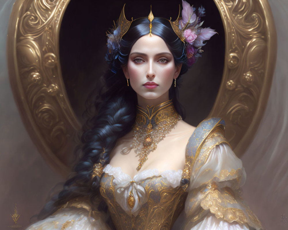 Regal woman with golden crown and mirror frame, adorned with flowers