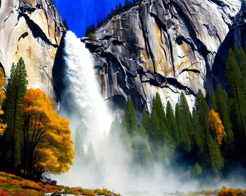 Majestic waterfall cascading down sheer cliff amid autumn trees
