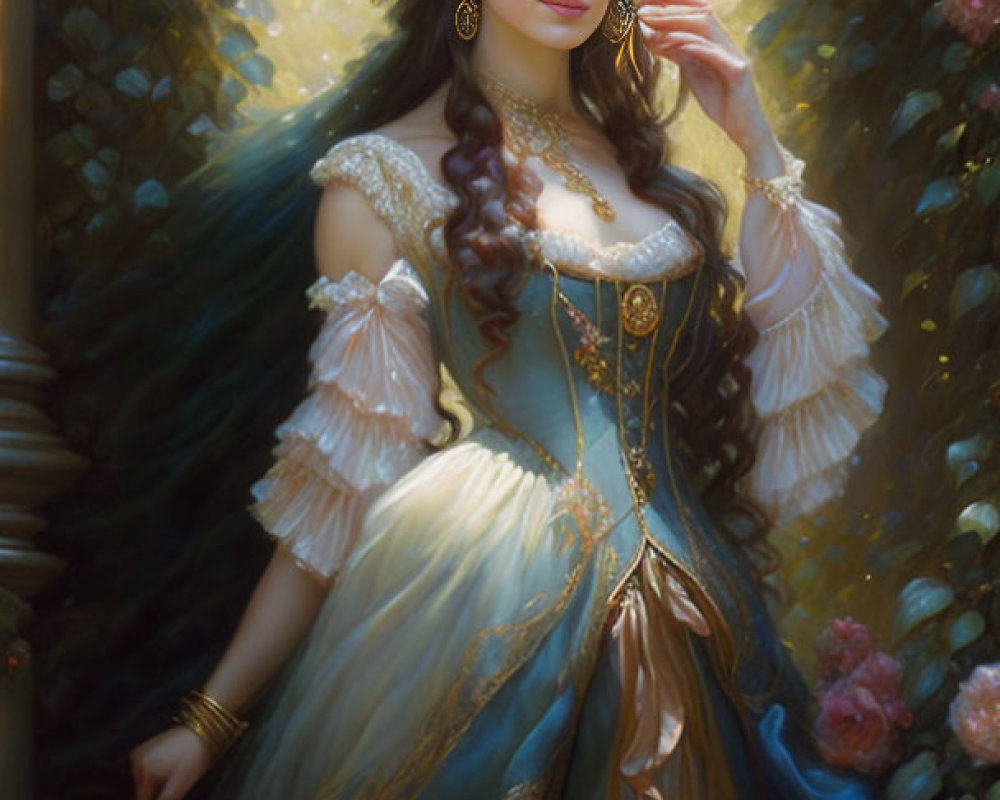 Woman in Renaissance-inspired dress in lush garden.