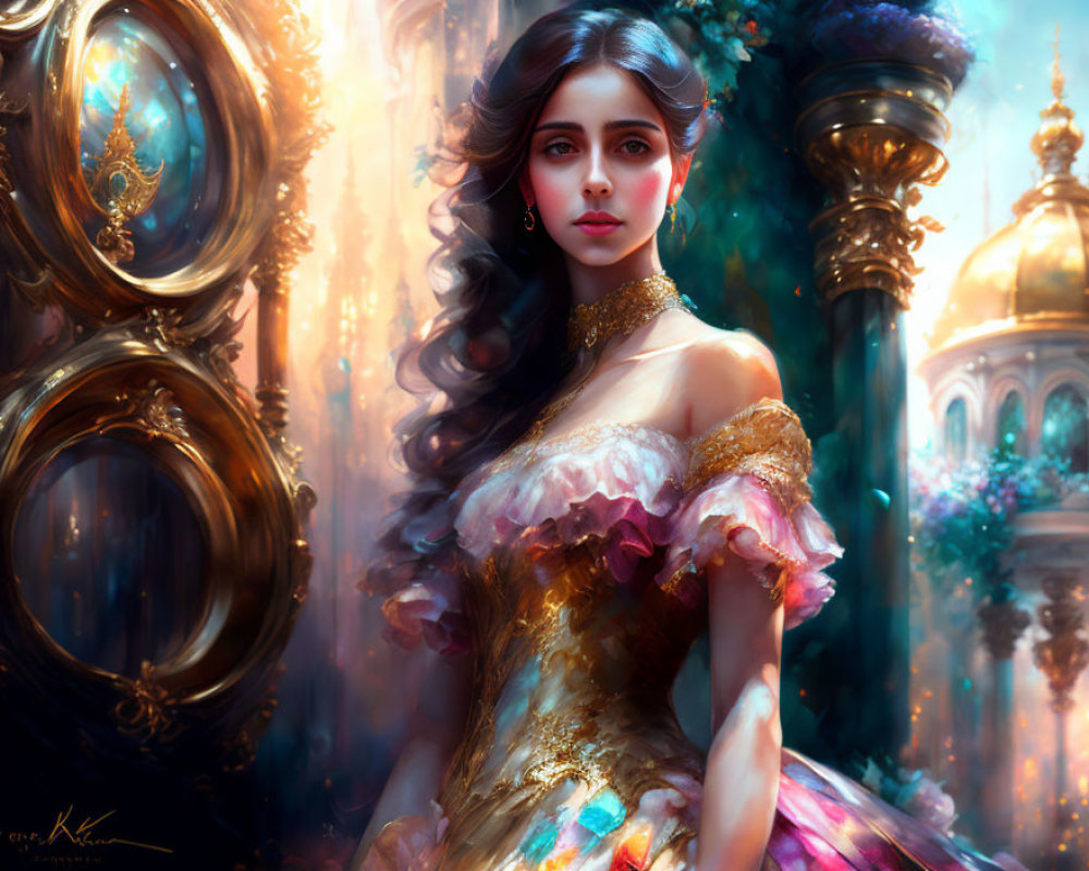 Digital painting of woman in golden-trimmed ball gown against fantasy backdrop