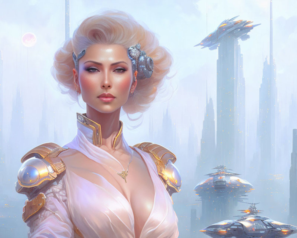 Blonde woman with cybernetic enhancements in futuristic cityscape