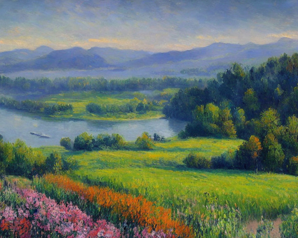 Tranquil landscape: green field, wildflowers, river, mountains, soft sky
