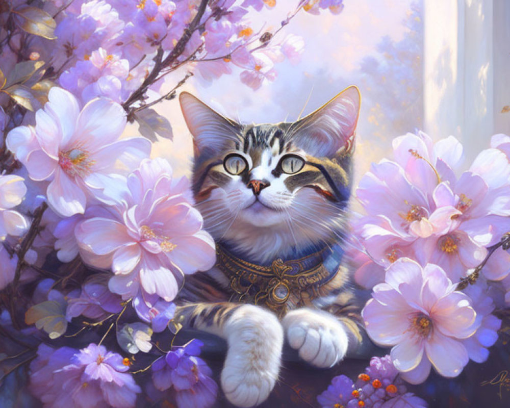 Fluffy tabby cat with fancy collar in pink cherry blossoms