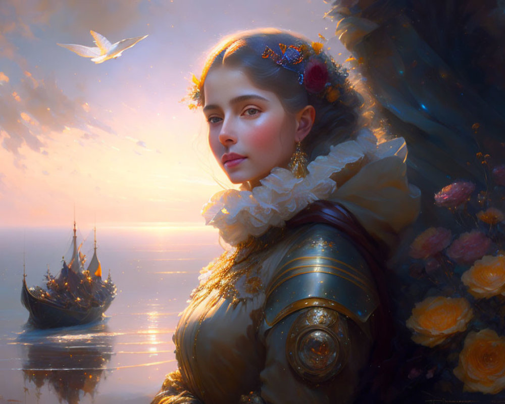 Woman in golden armor with Elizabethan ruff, flowers, ship, and dove in glowing background