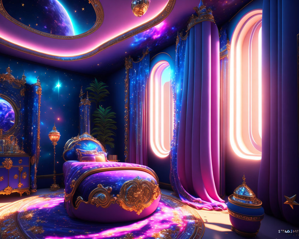 Luxurious cosmic-themed bedroom with starry night sky ceiling and galaxy-patterned floor