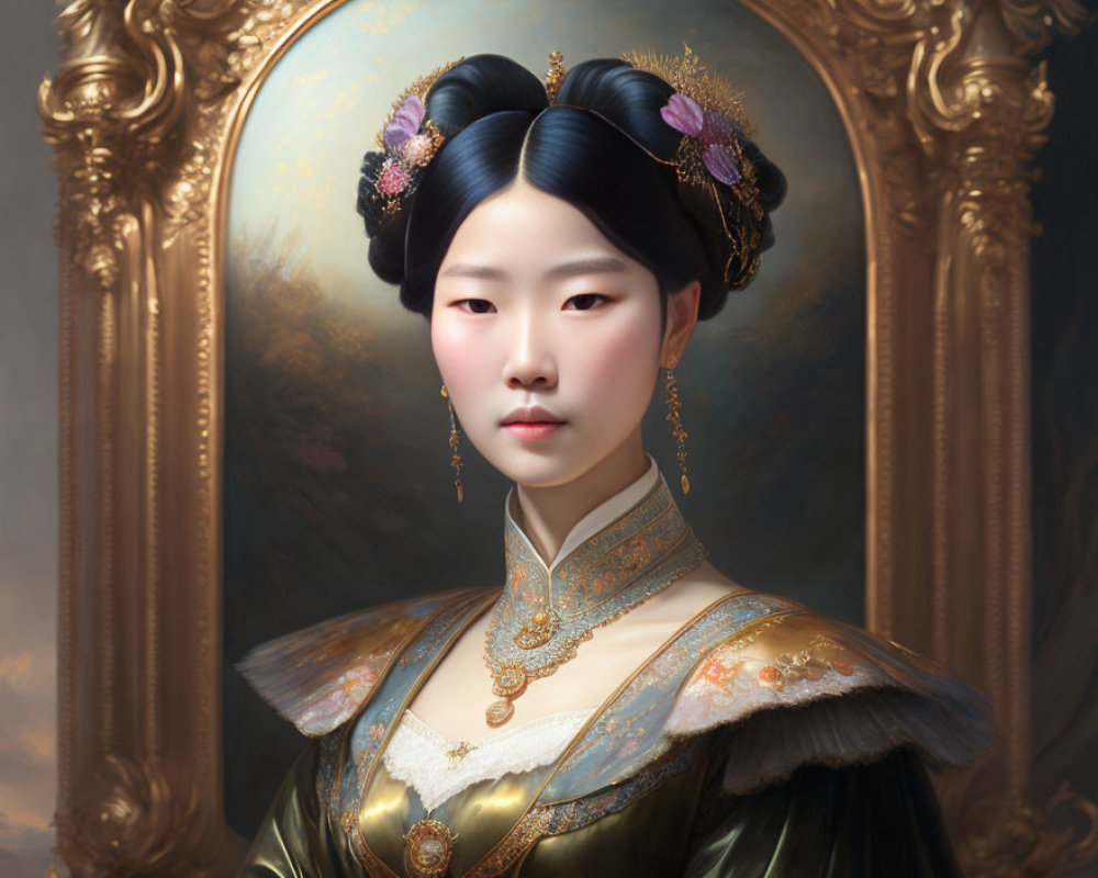 Digital painting of woman in classical East Asian attire with ornate gold jewelry in opulent setting