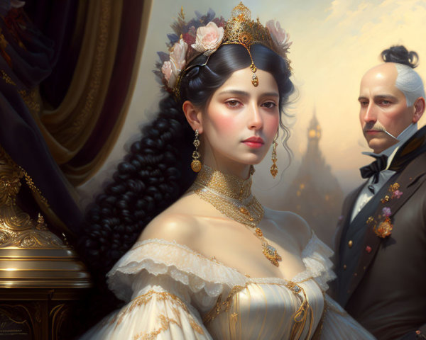 Elegant woman and man in noble attire against grand backdrop