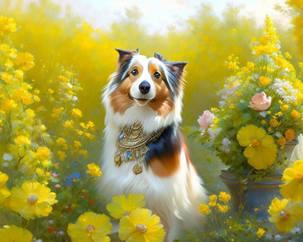 Shetland Sheepdog with necklace in yellow flower field