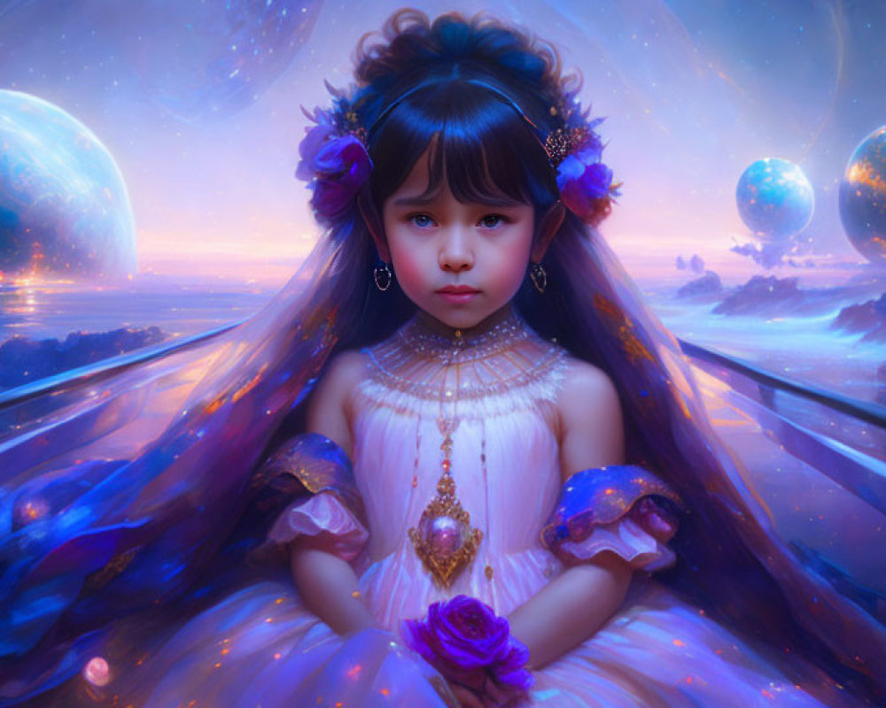 Young girl in floral dress against cosmic backdrop