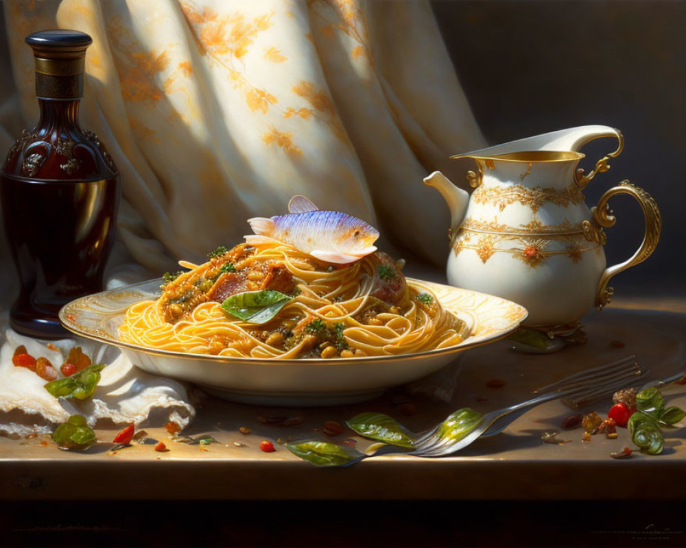 Classic Still Life with Spaghetti, Tomato Sauce, Basil, Jug, Bottle, and Fabric Drape