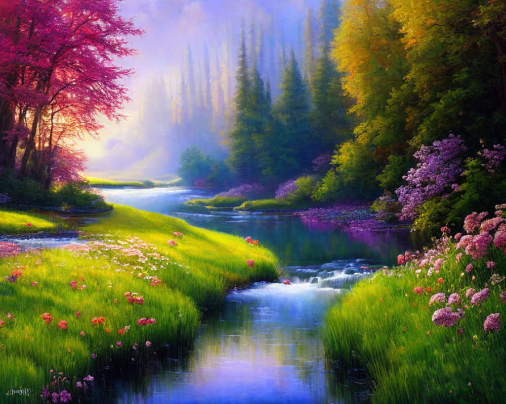 Tranquil river in colorful blossoming landscape at sunrise