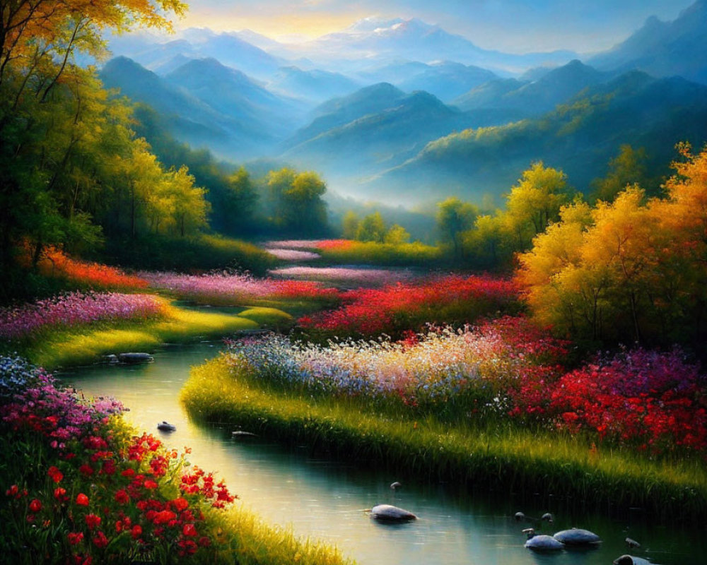 Colorful meadow with serene river & lush mountains