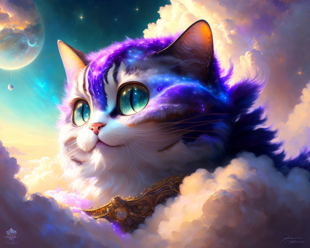 Celestial-themed cat digital artwork with galaxy fur against luminous sky