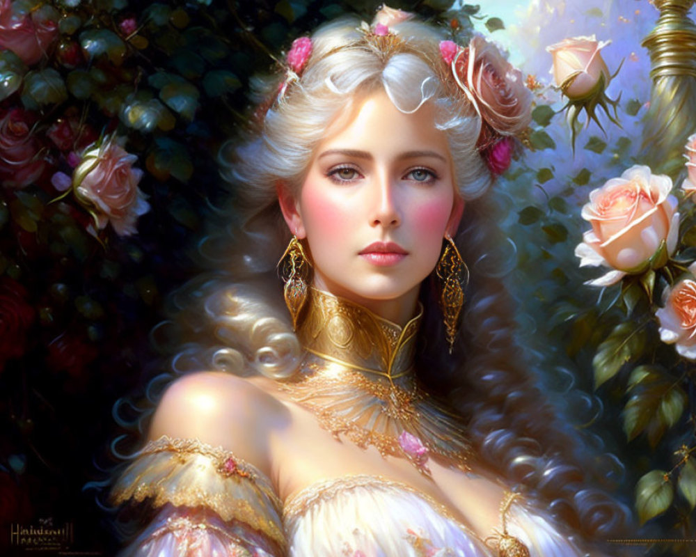 Fantasy portrait of woman with pale skin, white curly hair, pink roses, in golden and pink