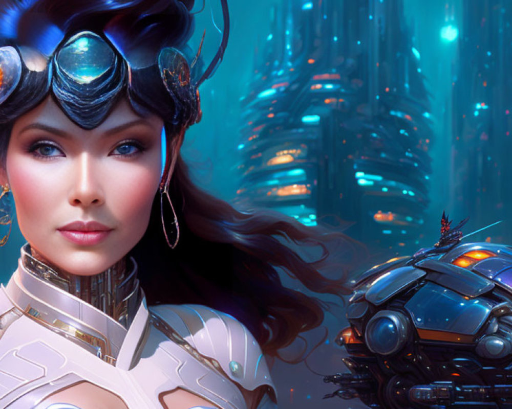 Futuristic cyberpunk woman with high-tech goggles and armor