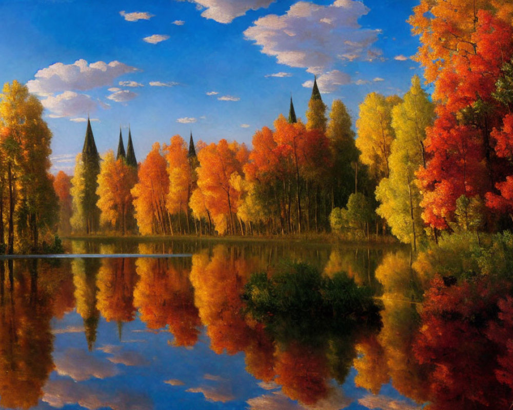 Tranquil autumn landscape with colorful trees and church spires