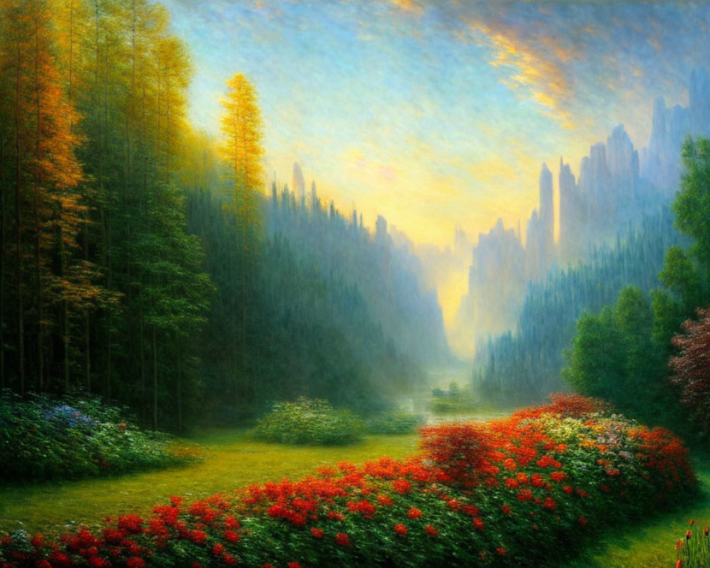 Tranquil sunrise landscape with forest, flowers, and misty mountains