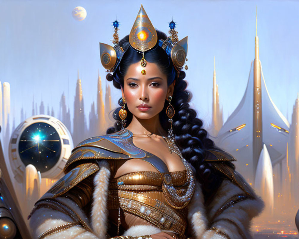 Futuristic queen in gold and blue armor before cityscape and globe.