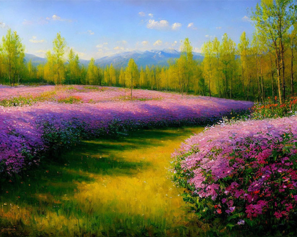 Scenic meadow with purple and pink flowers, green trees, and distant mountains under clear sky