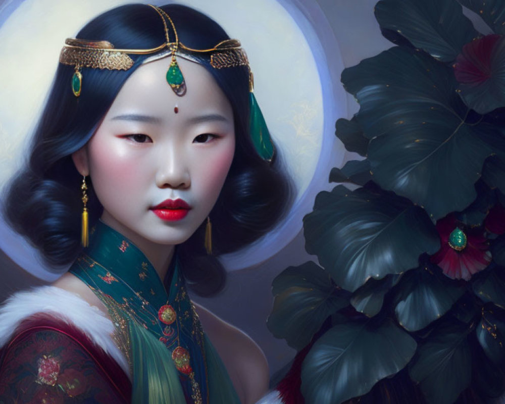 East Asian Woman in Traditional Attire with Green Foliage Background